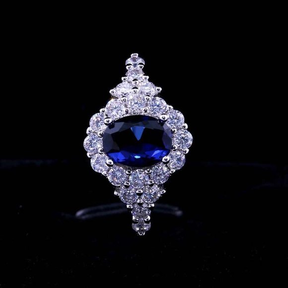Noble Oval Flower Dainty Royal Blue 925 Silver Ring for Women, VIP500 - Picture 4 of 8